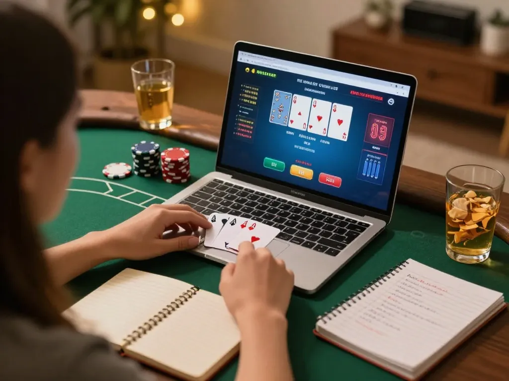 Engaging gameplay at vipwin casino with poker on a laptop in a cozy home setting