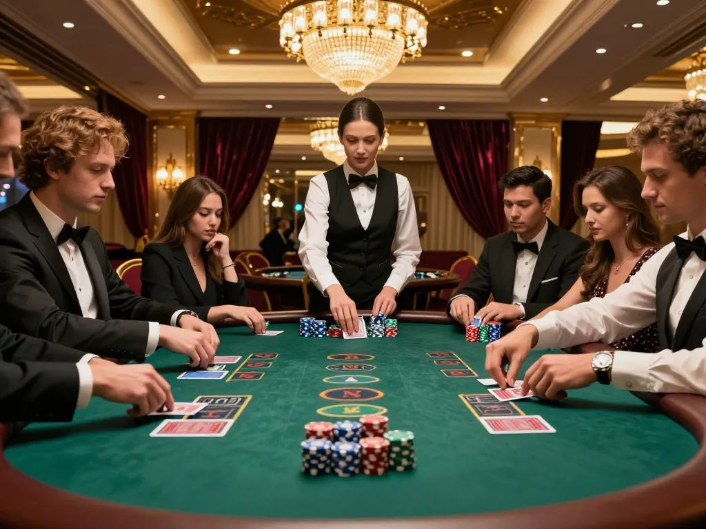 Players engage in a strategic blackjack game at MM88zo, showcasing intense focus and elegant casino ambiance.