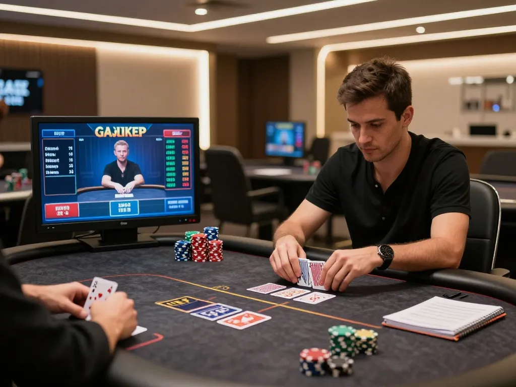 nk88 player analyzing cards in an online poker session with high-tech dual screens.