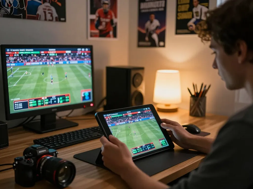 Live sports betting scene showing a person placing real-time bets while watching sports action, focusing on strategic decisions in the moment through a tablet for a seamless experience.