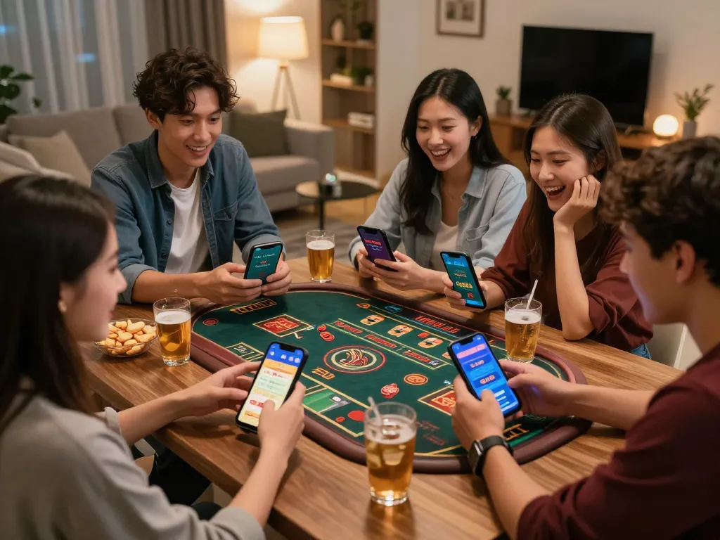 Friends engaged with the lc88app on smartphones during an online casino night at home