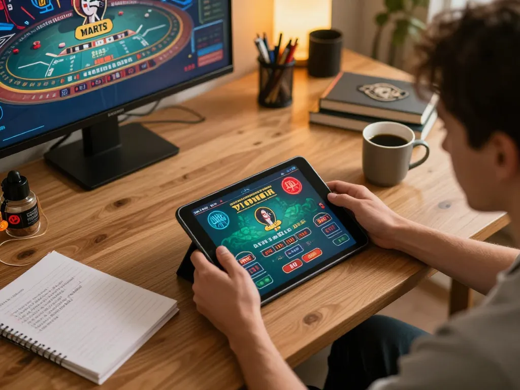 Engaging online gaming session on Trang chủ F168, featuring live dealer table gameplay from a tablet in a cozy setting.