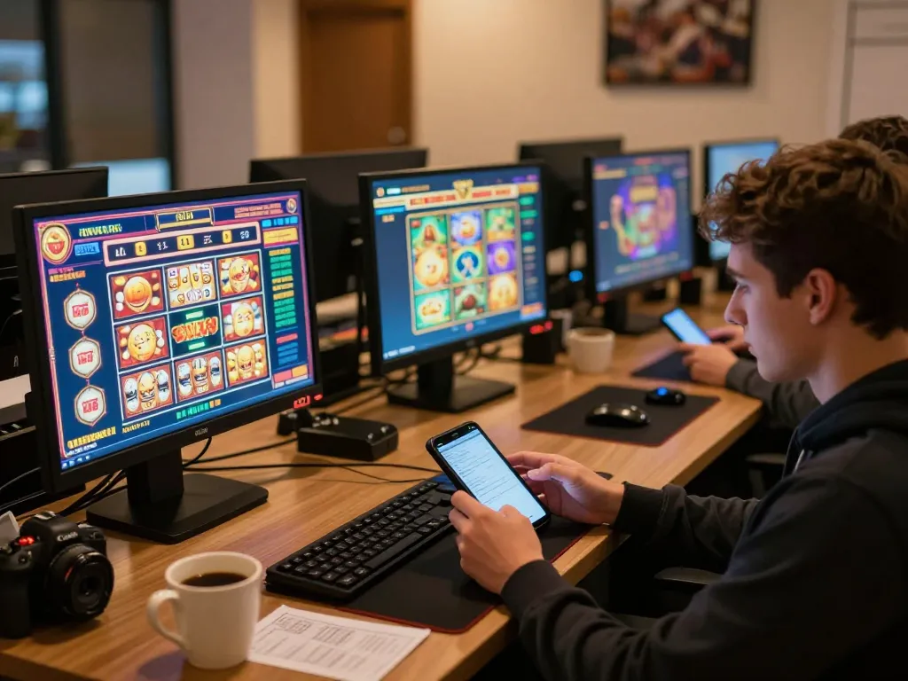 Engaged player using 33winn's online casino platform on tablet and smartphone in cozy home office