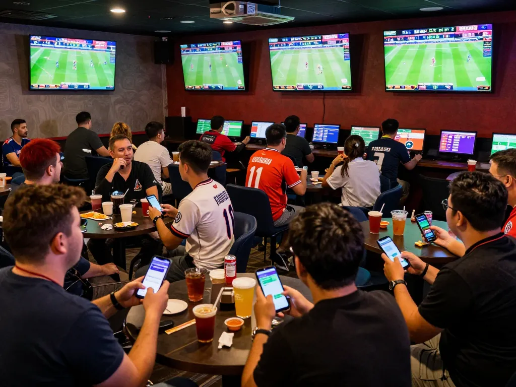 Tỷ lệ kèo trực tuyến displayed on digital boards as sports fans cheer in a lively betting lounge.