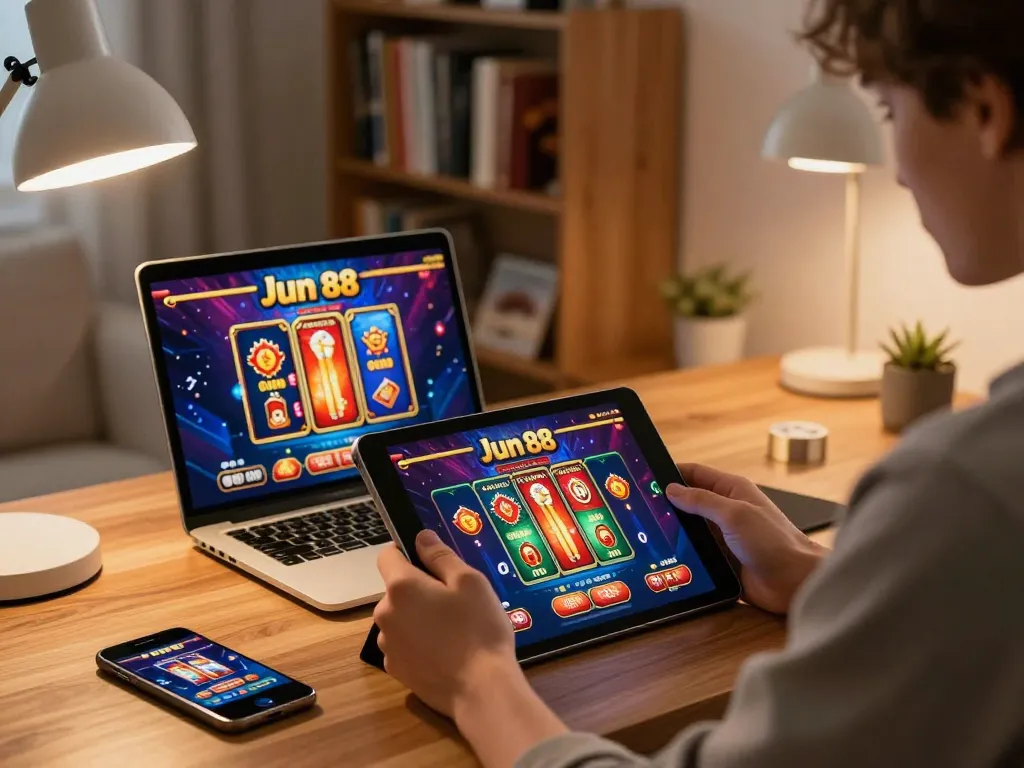Engaging user in online gambling session on Jun 88 app from home tablet, showcasing strategy.
