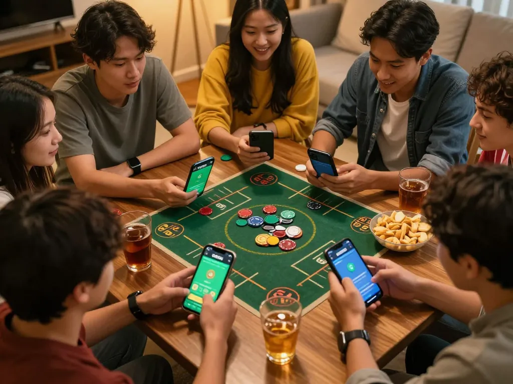 Friends engaging in online betting through open88c app during a sports event.