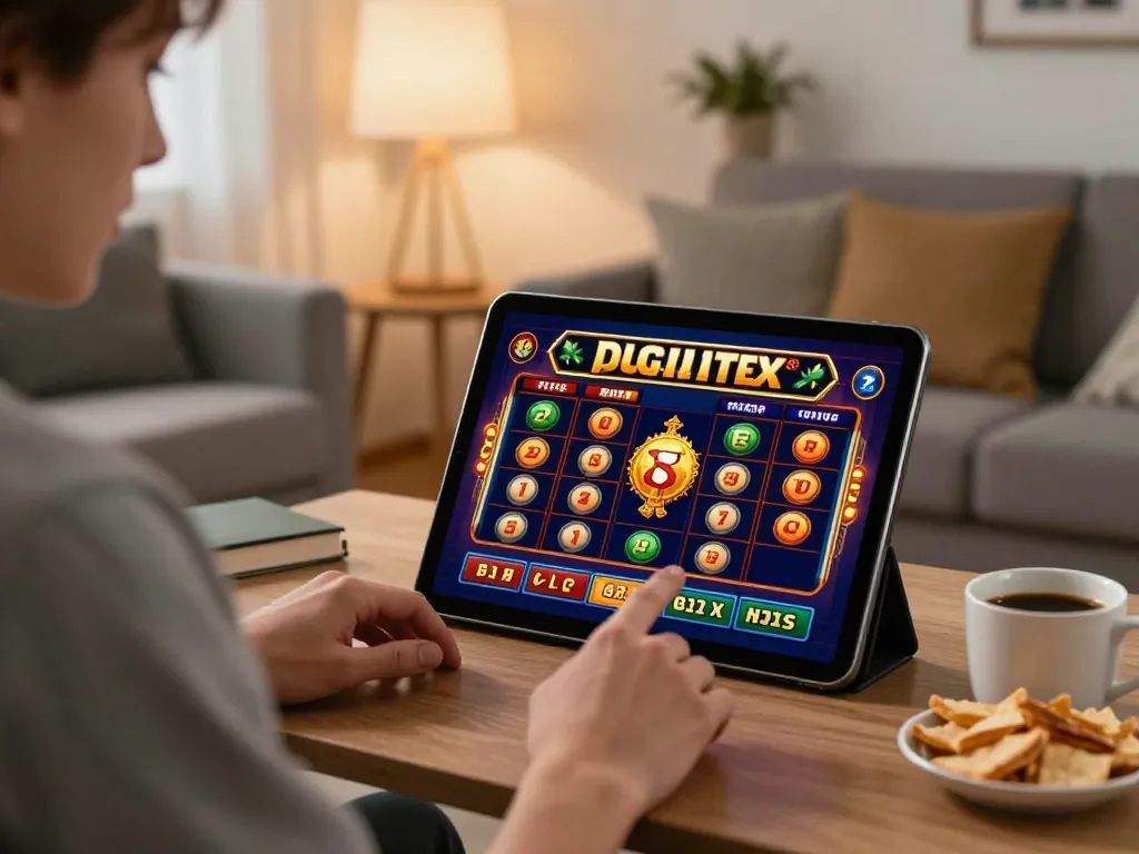 Player enjoying online slots on tablet, demonstrating sc88vn's engaging gaming experience in a cozy setting.
