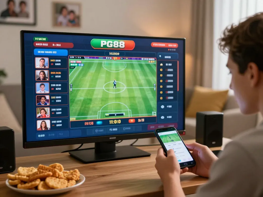 Player engaging with PG88 sports betting app at home, showcasing excitement in a cozy setting