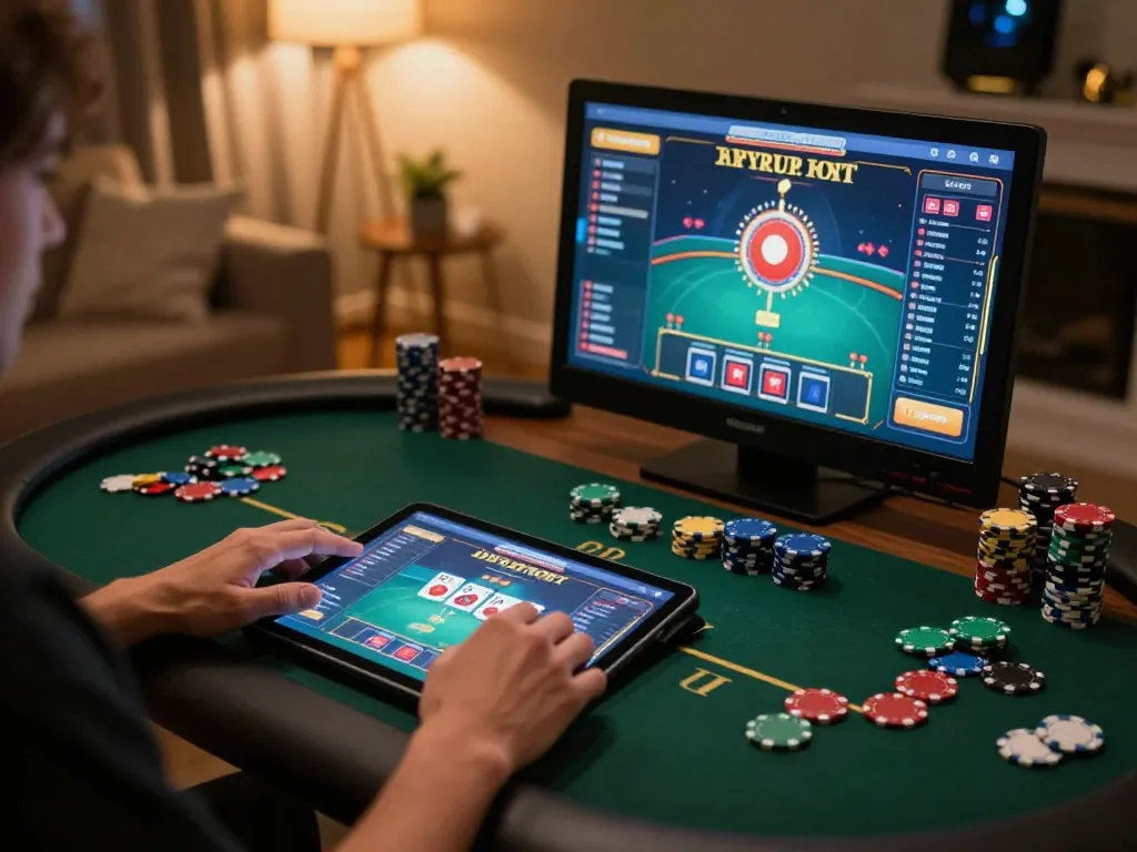 Online gaming experience at nhà cái hm88, featuring a player engaged in poker on a tablet in a cozy atmosphere