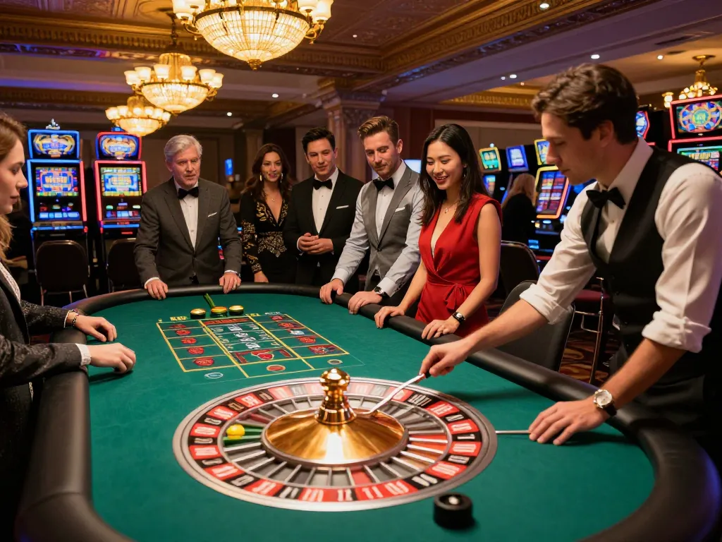 TR88 players excitedly betting at the roulette table in a luxurious casino environment.