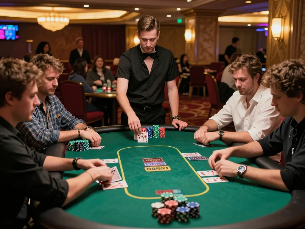 KJC poker players strategizing during an exciting game, surrounded by vibrant casino lights