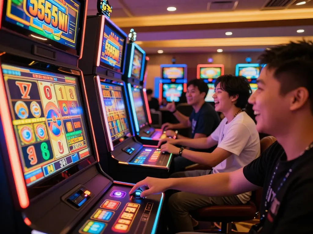 Excited player spinning slots at nhà cái 555win, vibrant casino atmosphere.
