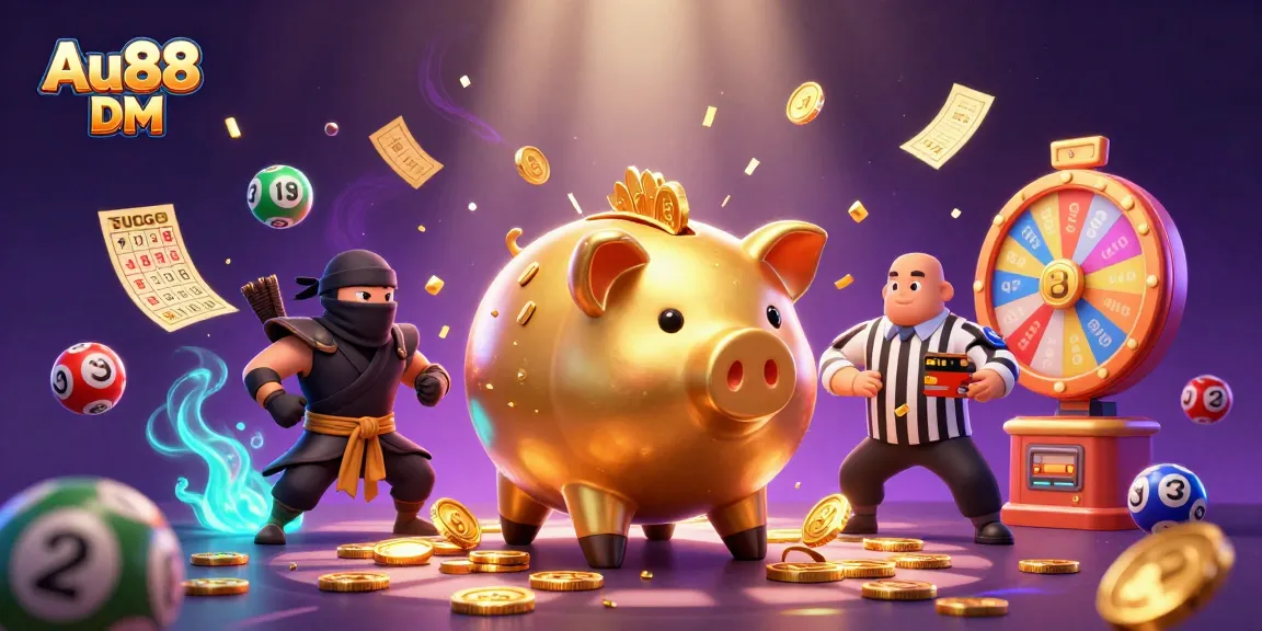 Experience excitement with Au88 DM as a golden piggy bank sumo wrestler unleashes coins in a thrilling casino scene.