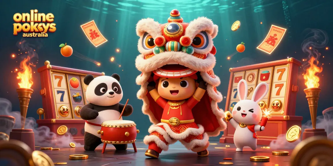 Experience thrilling online pokies Australia with a vibrant lion dance scene and slot elements.